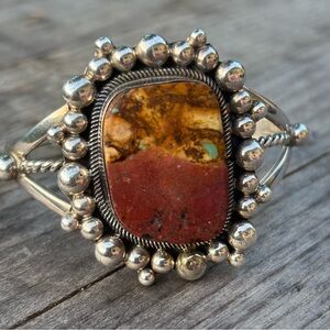 Spencer Sterling Vintage Cuff Bracelet Navajo Agate Statement Signed 925 Unique